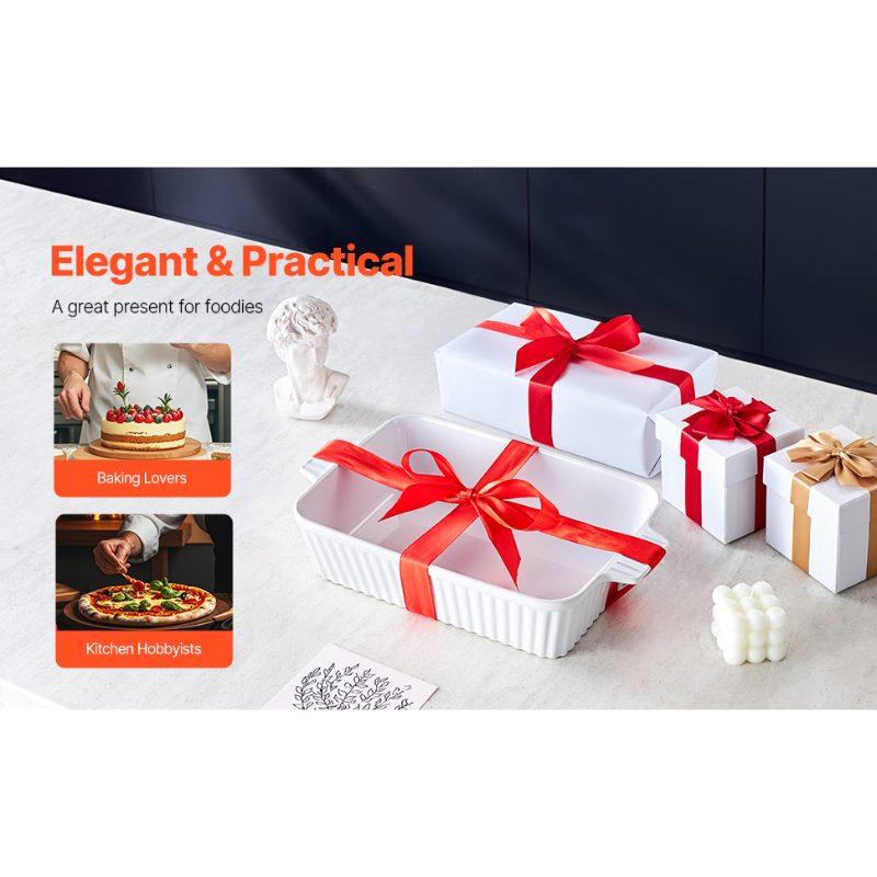 VEVOR Ceramic Baking Dish, Large 9x 13 Pan, Rectangular Bakeware with Double Handles, Oven Secure, Lasagna Pan, Casserole Dish Deep for Baking and Serving, Thanksgiving Christmas Present, White