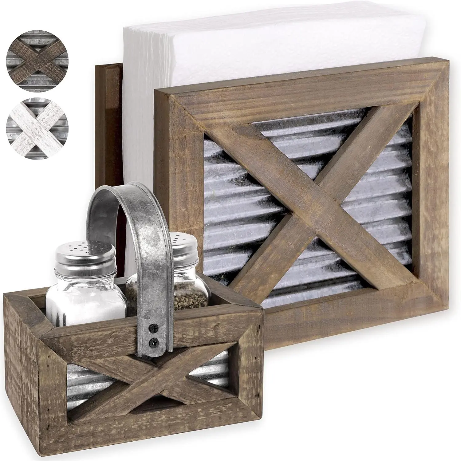 Farmhouse Napkin Holder and Adorable Farmhouse Salt and Pepper Shakers Set With Wood Holder - Western Kitchen, Galvanized Metal - Upright Rustic Napkin Holder Rustic Kitchen Décor (Brown)