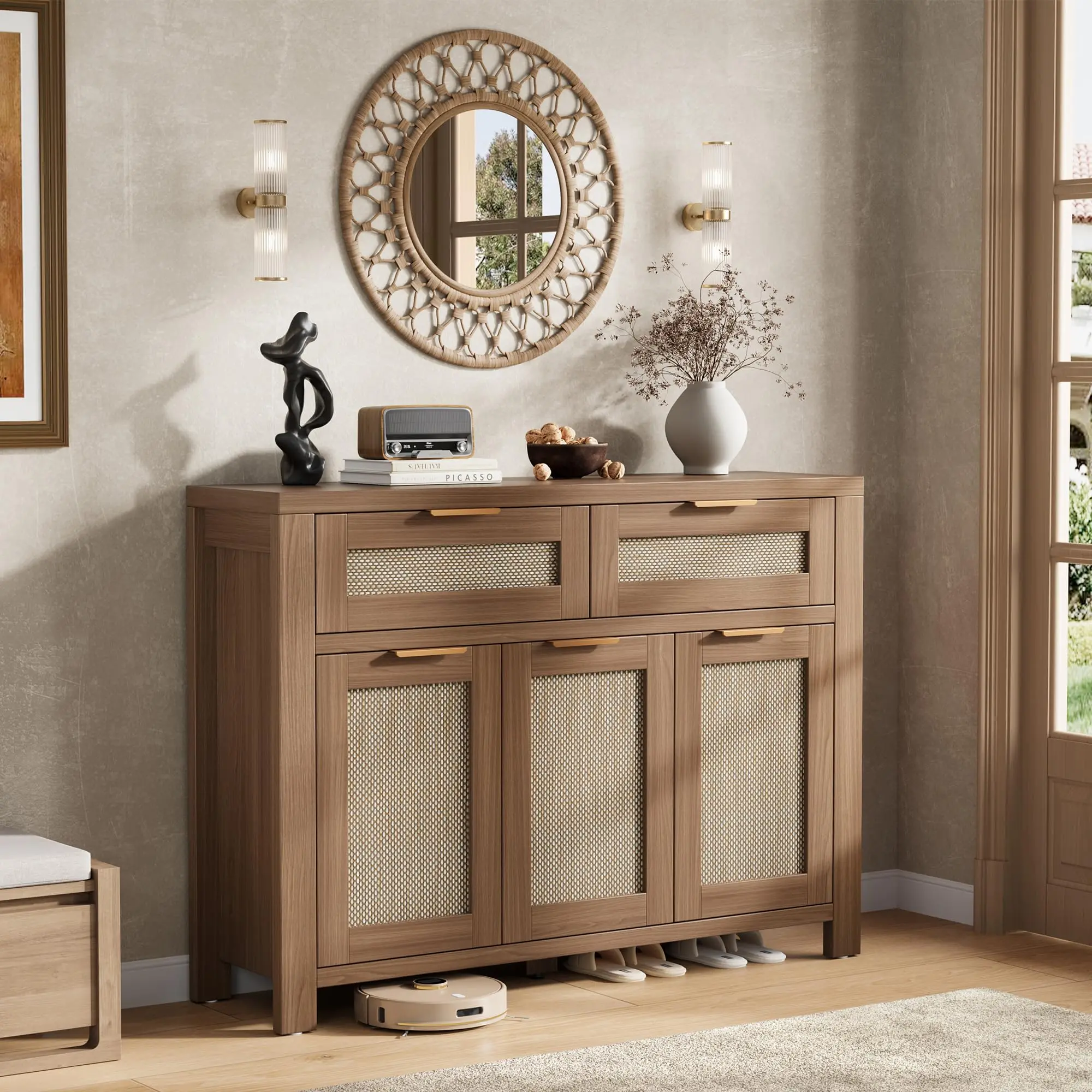 Rattan Buffet Sideboard Cabinet with 2 Drawers & 3 Doors, Mid-Century Modern Wood Storage Cabinet with Adjustable Shelves, Dark Oak Coffee Bar Cabinet Console Table for Dining Room, Living Room, Entryway