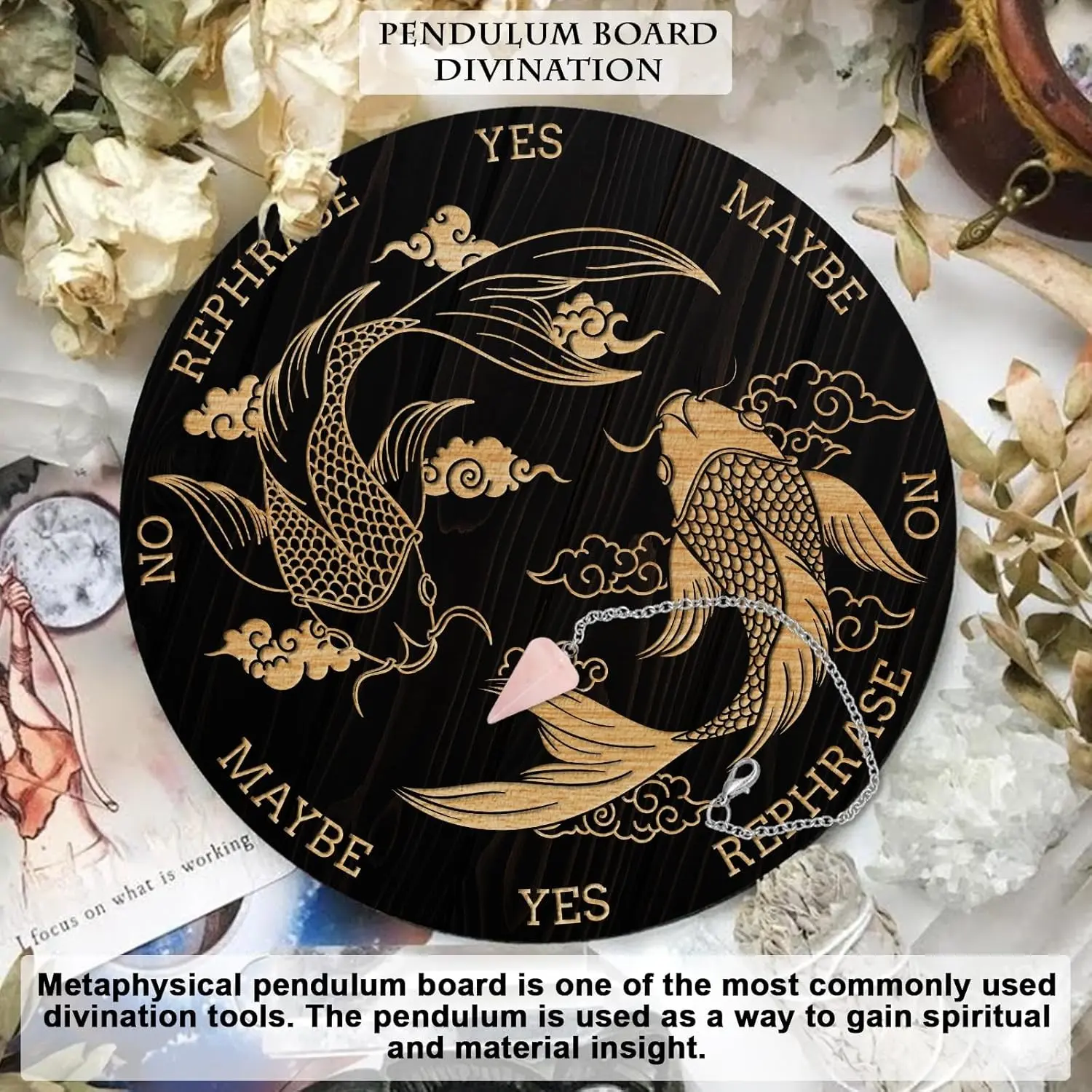 Pendulum Board Set, Wooden Dowsing Divination Board Metaphysical Message Board with Crystal Pendulum Necklace for Witchcraft Wiccan Altar Supplies Kit, Pisces Pattern