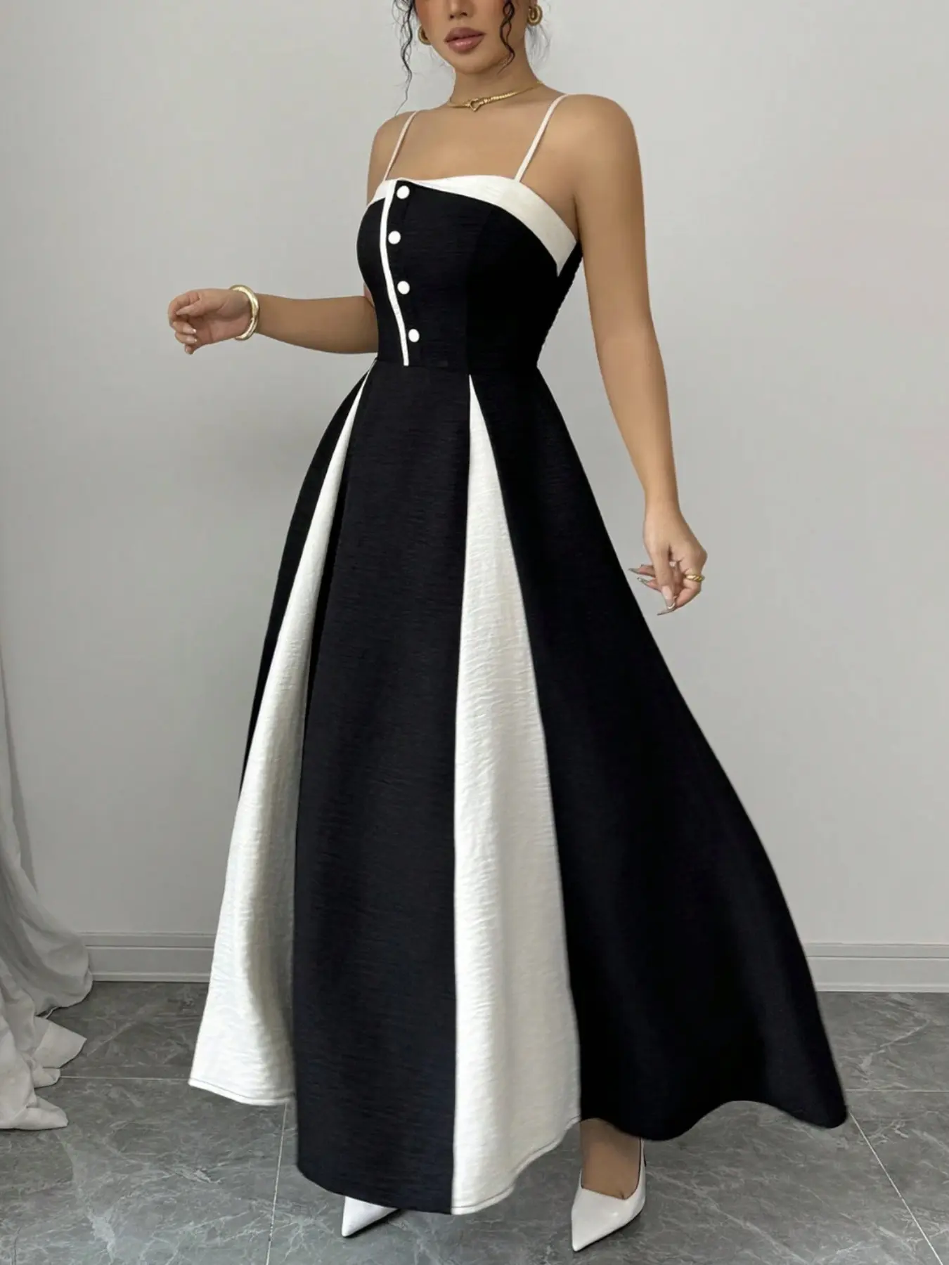 Vintage Hepburn Style Contrast Strap Button Waist Long Dress, Elegant Slim Fit Formal Dress, Perfect for Evening Parties and Dates, Elegance, Evening Formal Wear