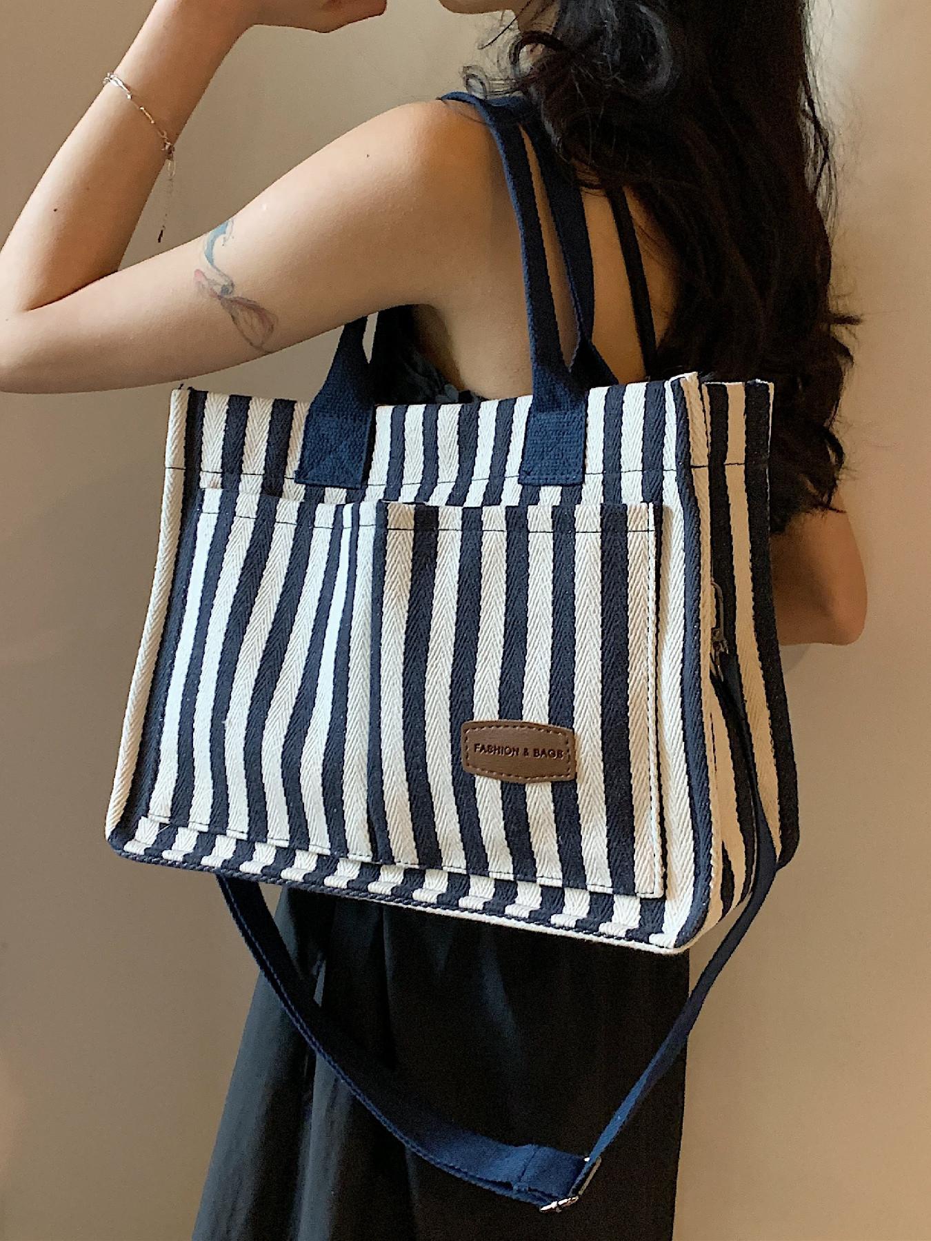 Women's Stripe Tote Bag, Large Capacity Shoulder Bag for Daily Used, Casual Trendy Versatile High-quality Daily Commuting Bag, Girl Fashionable Shopping Bag