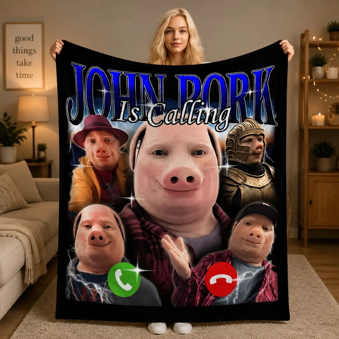 John Pork Is Calling Funny Retro Meme Graphic Flannel Throw Blanket, Multifunctional Lightweight All Season Cozy Blanket for Bedroom Sofa Bed Bedding Decor, Perfect Birthday Christmas Holiday Novelty Gift for Internet Meme Fans Teens Men Women