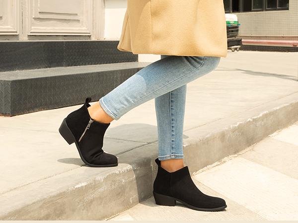 Athlefit Women's Ankle Boots Chunky Low Heel Comfortable Short Boots Round Toe Dress Booties with Side Zipper