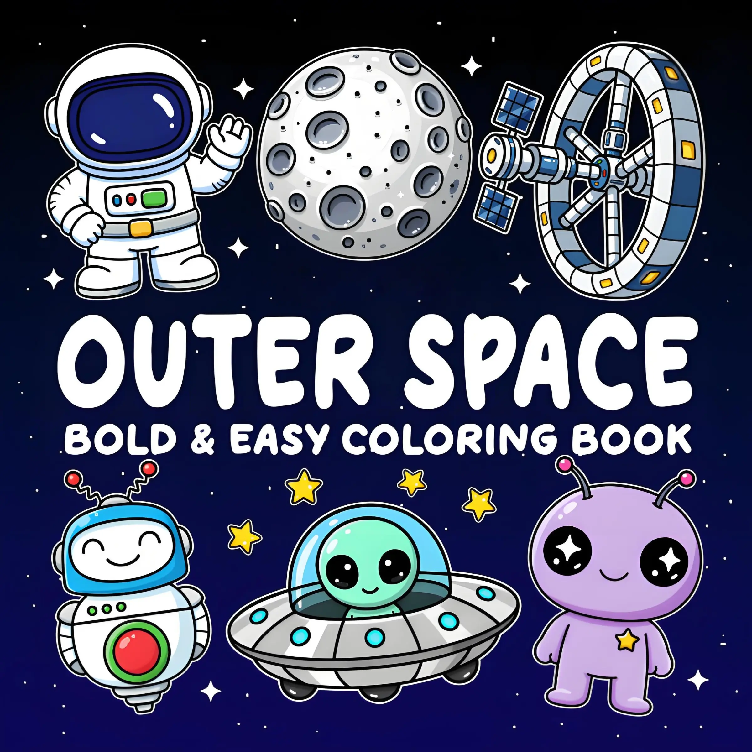 Outer Space Bold & Easy Coloring Book for Kids Kawaii Astronaut Alien UFO Space Planet Thick Line Stress Relief Coloring Pages ASMR Coloring Gift for Boys Girls, Suitable for preschool children, Asmr Experience