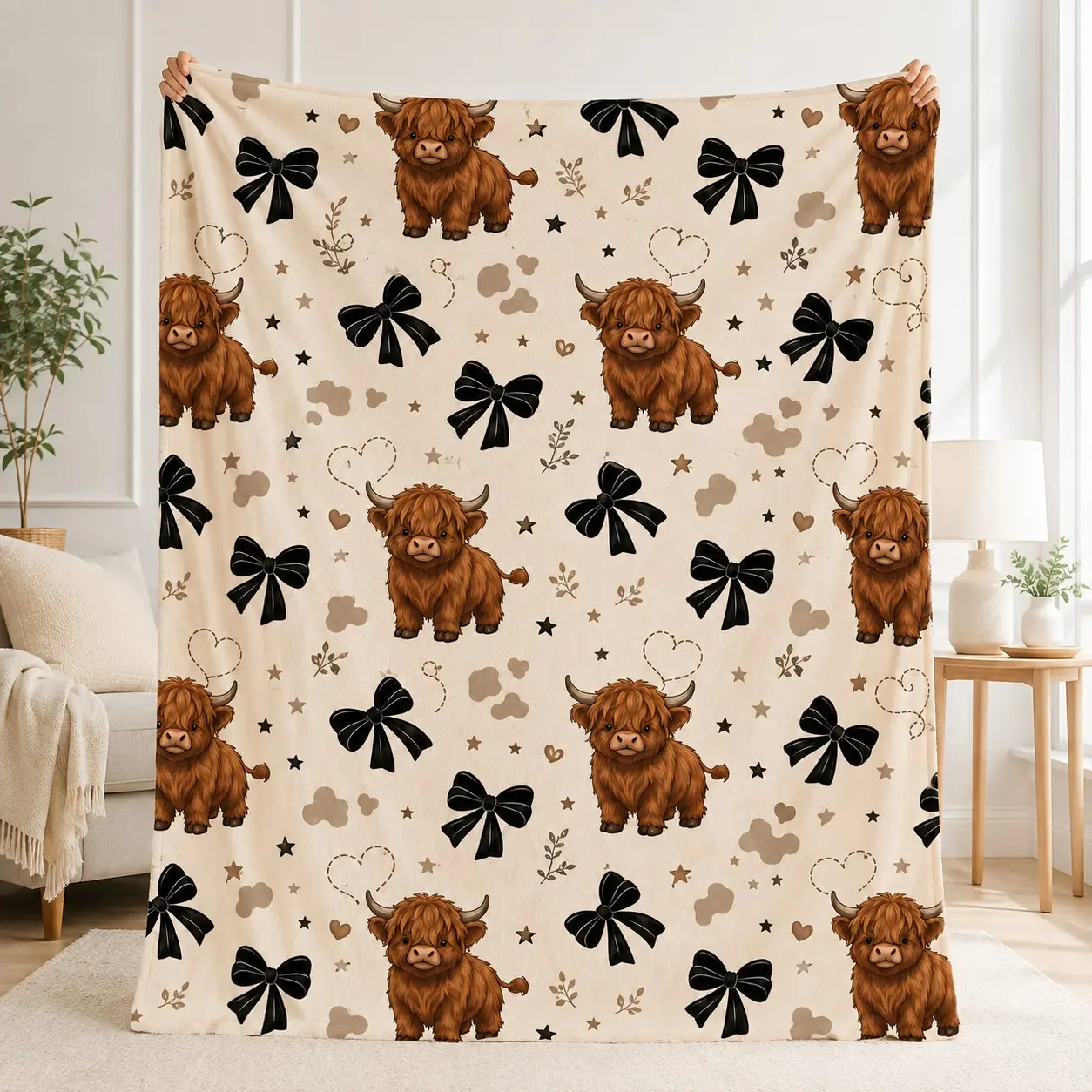 Highland Cow Bow Flannel Blanket, Cream Heart Star Print, Soft Lightweight Cozy Throw, Couch Throw Blanket, Farmhouse Style Gift for Sofa & Bedroom