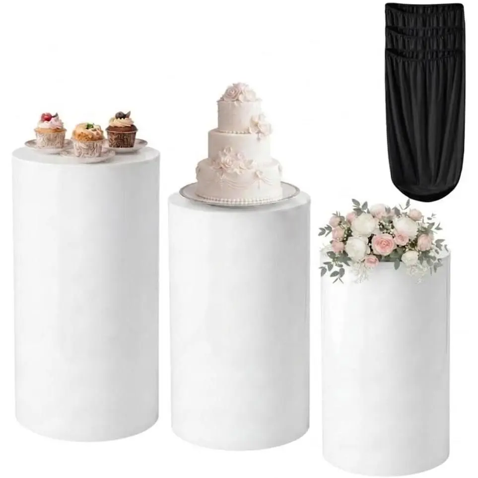 3-Piece White Cylinder Acrylic Pedestal Stand Set with 3 Black Spandex Covers, Durable PVC Display Stands for Wedding, Birthday Decor, Desserts, Flowers & Art, Three Pieces