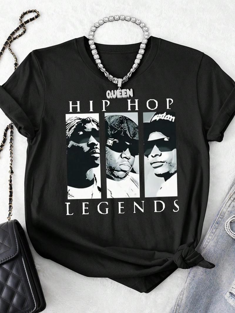 Women's Tupac & Biggie & Ice Cube Print Round Neck Tee, Vintage Trendy Casual Short Sleeve T-shirt for Daily Wear, Ladies Summer, Top
