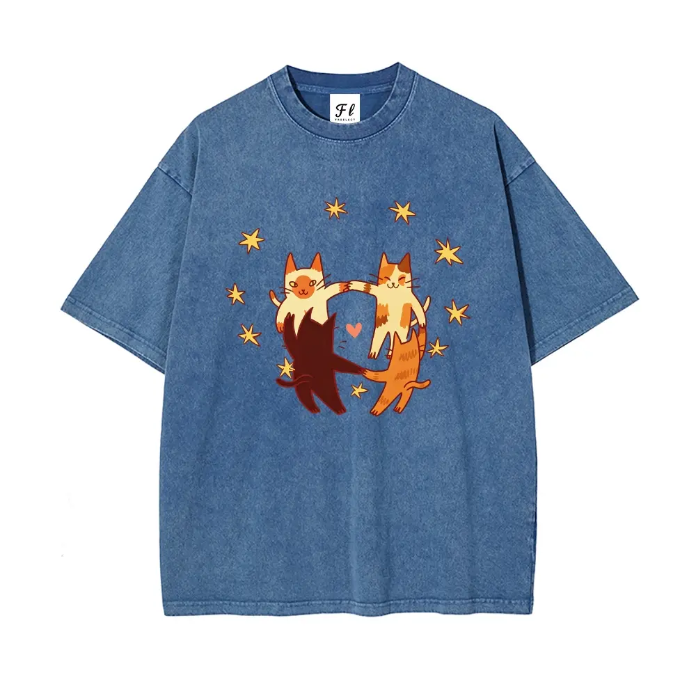 Unisex Four Holding-Hands Orange Cats, Stars & Hearts, Retro Style Graphict Washed T-Shirt Personalized Pattern Y2k Clothing Round Neck Washed T-Shirt,Women's Clothing 100% Cotton, Menswear, Top, Vintage Style,Summer Casual Oversized