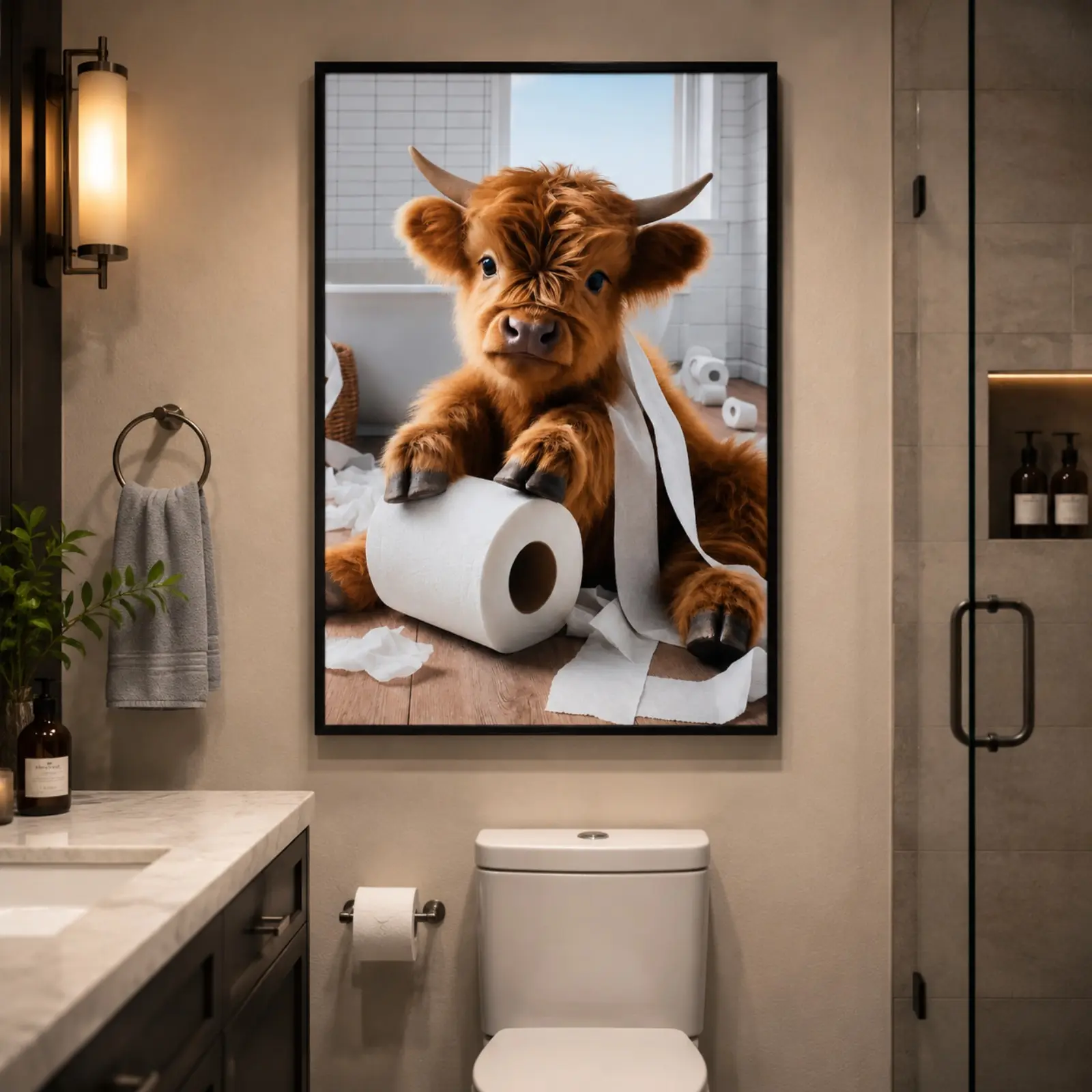 Funny Highland Cow Toilet Canvas Wall Art Poster,Cute Farm Animal Bathroom Decor, Rustic Country Style Wall Art Print, Farmhouse Bathroom Decoration, Humorous Home Decor Gift