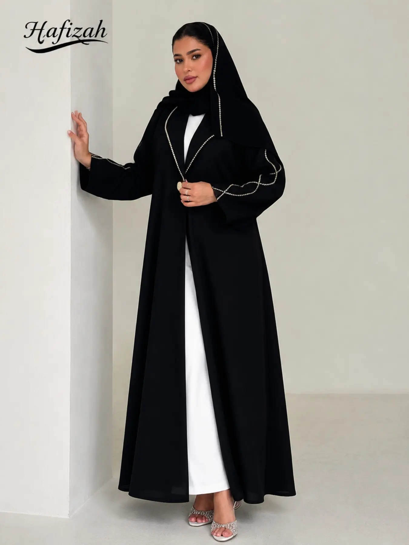 Women's Luxurious Robe Dress with Headscarf, Pearl Accents, Muslim Fashion Long Sleeve Kimono, Eid, Wedding Party Wear