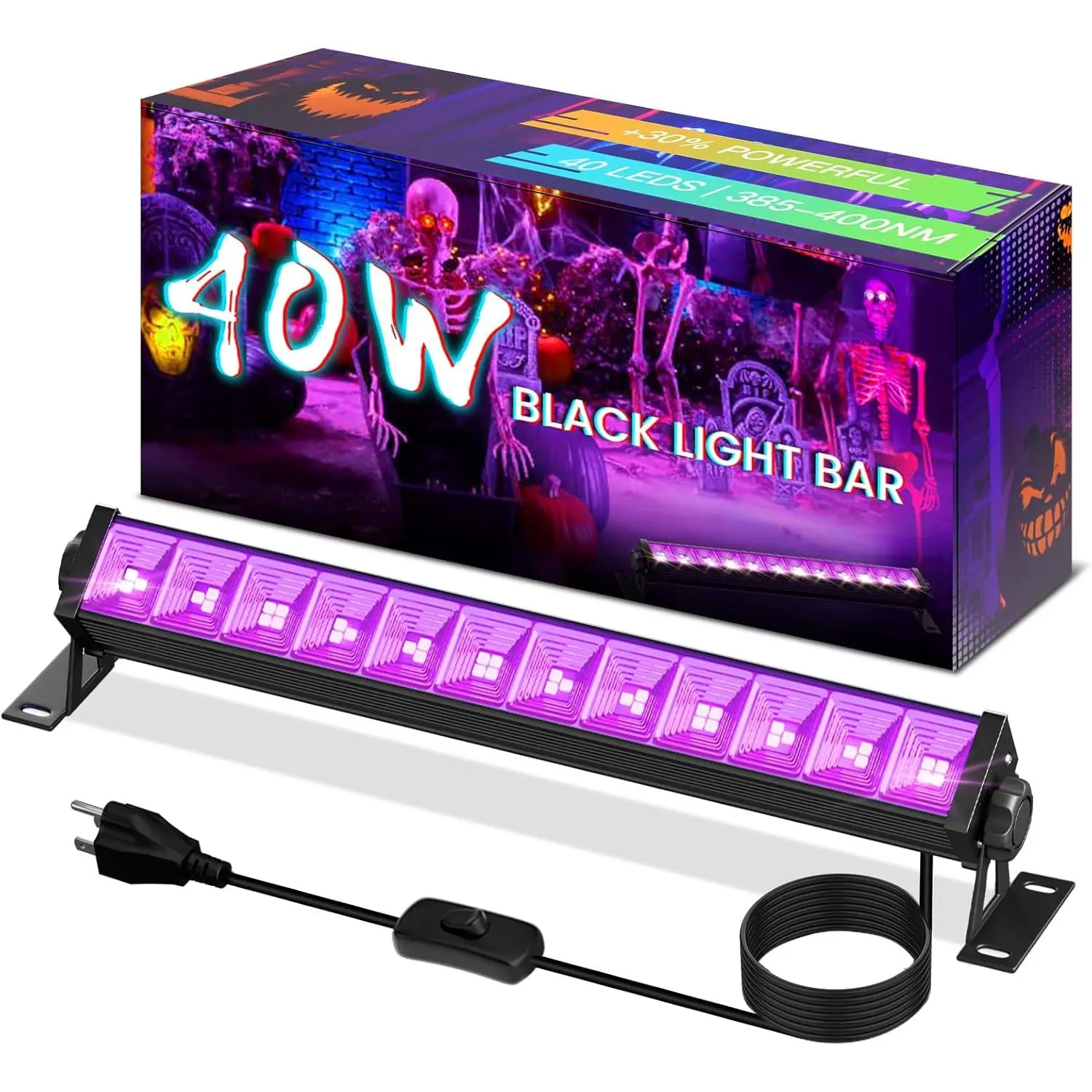 40W Black Light Bar, LED Blacklight with 6FT Cord & Switch, Black Lights for Glow Party Halloween Birthday Body Paint Bedroom Classroom, Each Light Up 22x22ft 1 Pack