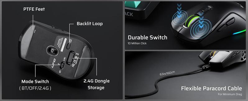 LTC GM025 Tri-Mode Wireless Gaming Mouse,12000 DPI PAW3311 Sensor, Ergonomic Mouse 2.4Ghz/BT/Wired, 6 Programmable Buttons, Customizable RGB Lighting, Pro Software