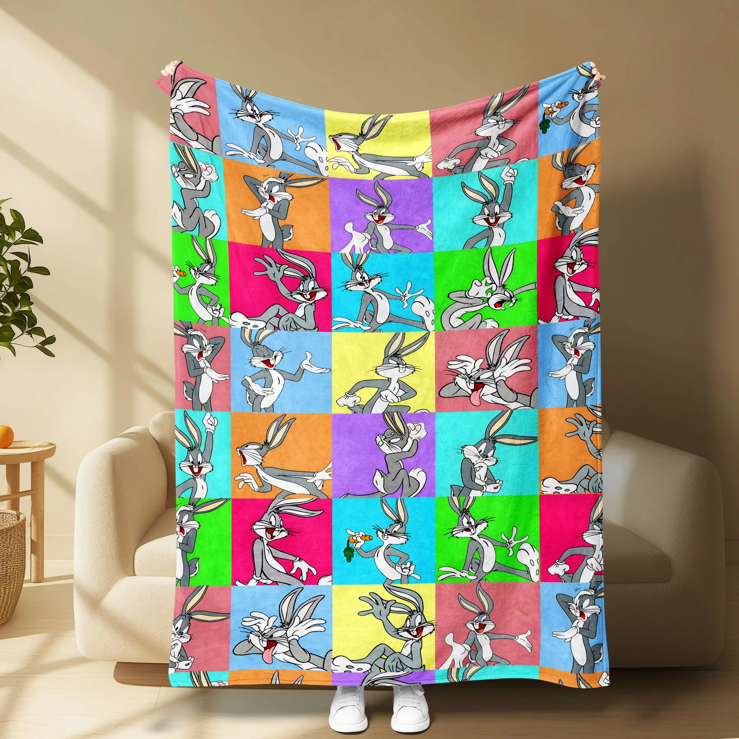 Bugs Bunny Rainbow Plaid Flannel Blanket, Cartoon Rabbit Print, Soft Cozy Throw, Retro American Style, Unisex, Perfect Gift