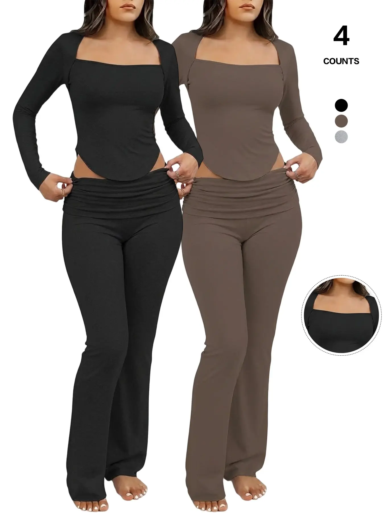 Women's 2 Pack Cozy Loungewear Set, Square Neck Long Sleeve Top, Foldover Waist Flare Pants, Casual Lounge Pajamas Sleepwear for All Seasons