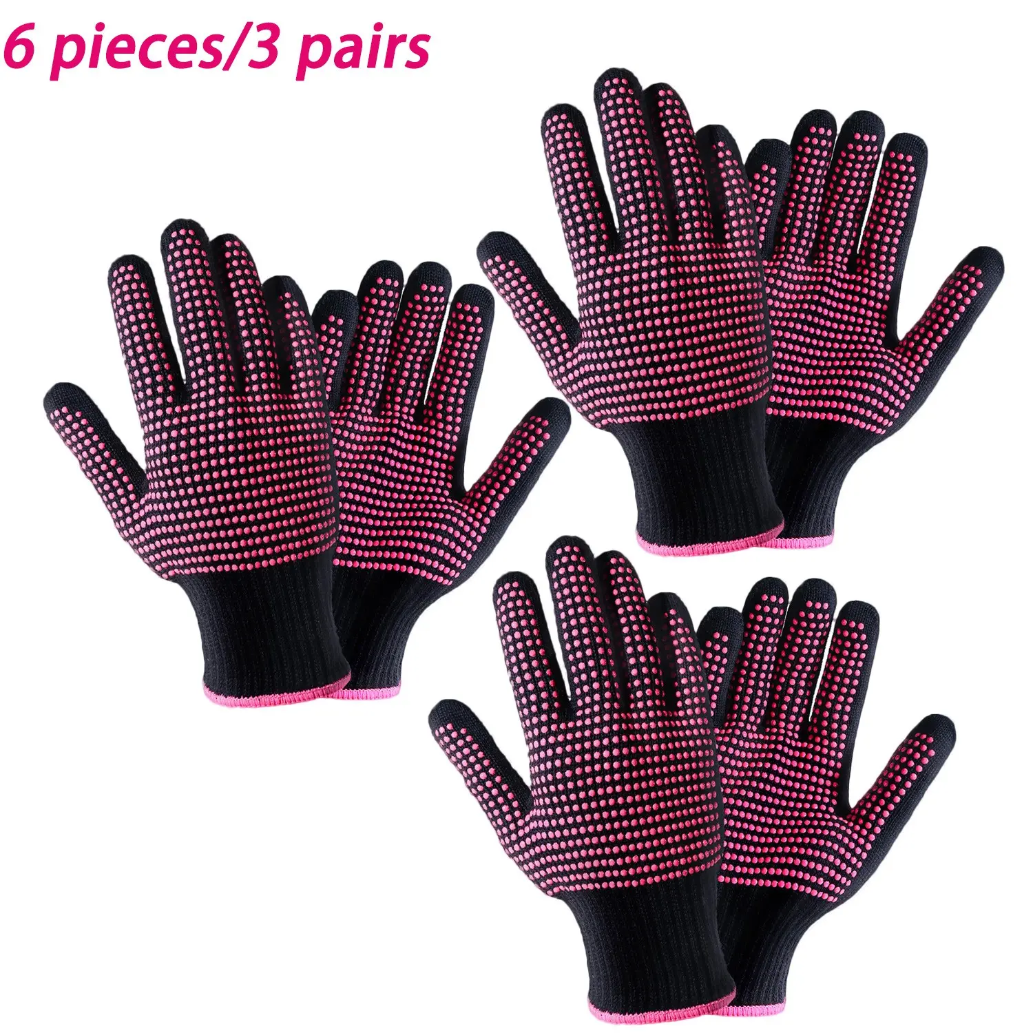6 Pcs Heat Resistant Gloves with Silicone Bumps, Professional Hair Styling Gloves, Rose, for Curling Irons and Flat Irons