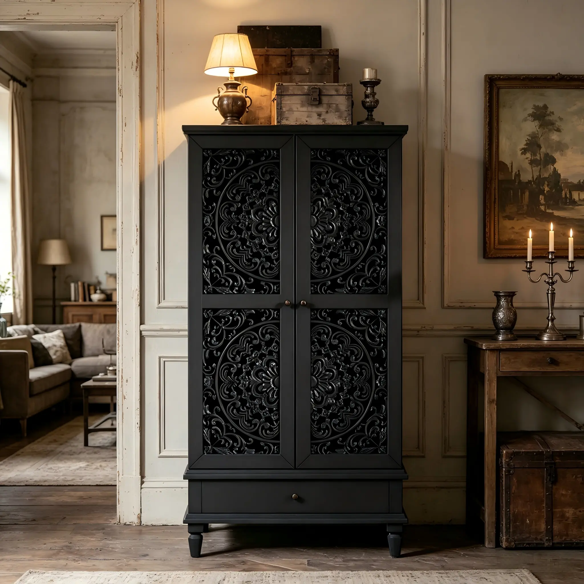 55" Tall Black Storage Cabinet with Drawer, Farmhouse Carved 2-Door Accent Cabinet, Rustic Wooden Armoire with Solid Wood Legs, Narrow Storage Organizer for Living Room, Hallway, Dining Room, Bedroom