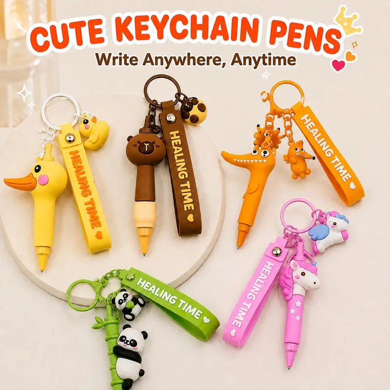 5 PCS Kawaii Keychain Ballpoint Pens, Cute Animal Charm Pens with Portable Key Rings, Smooth Writing Novelty Pens for Backpacks, Bags, Keys, Notes, Office, School and Everyday Writing