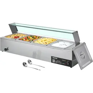 VEVOR Commercial Food Warmer, 1500W Electric Stainless Steel Steam Food Warmer with Glass Cover, 6x 1/3 Size Pans Buffet Bain Marie with Soup Perforated Ladles, for Catering, Restaurant Party