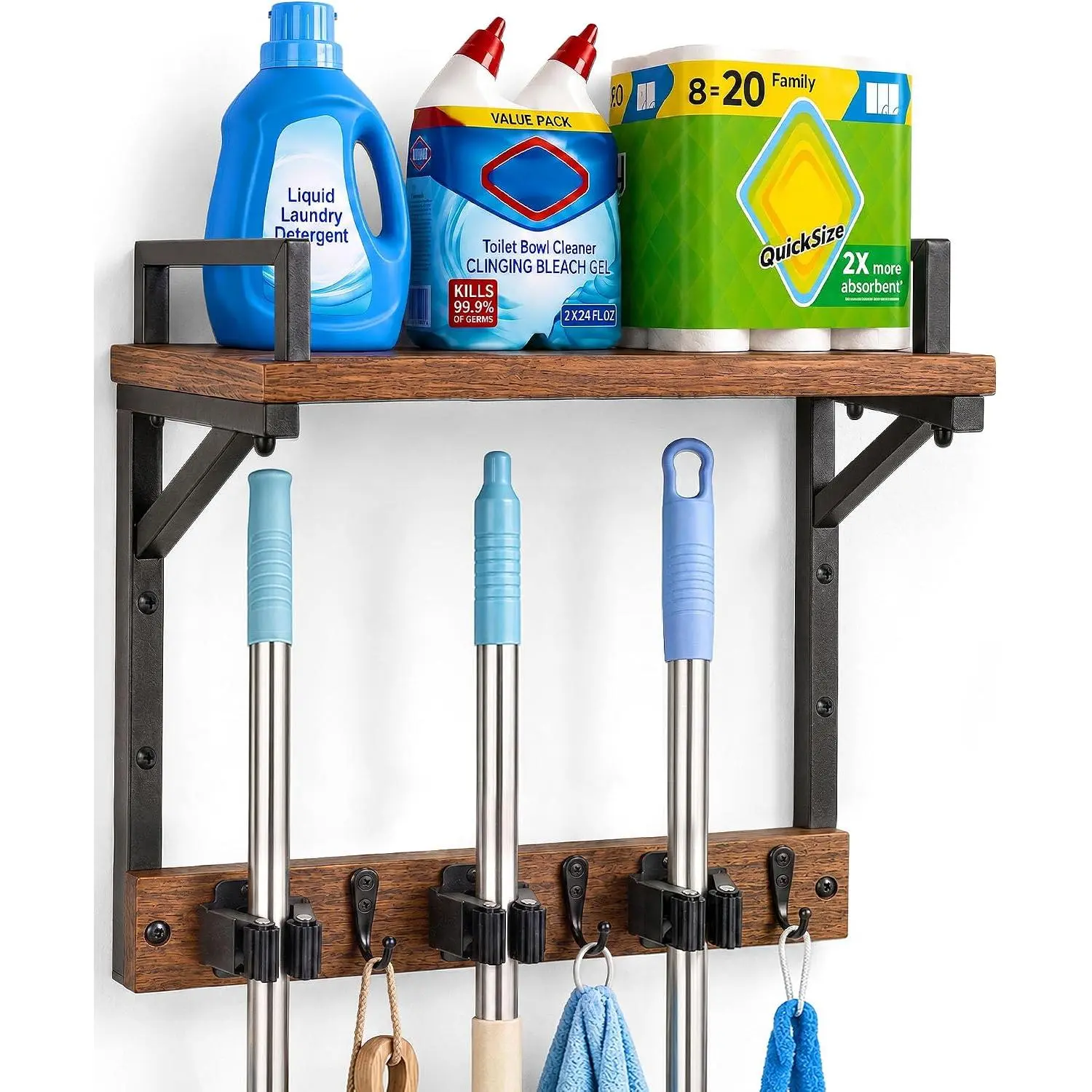 Broom Holder Wall Mount with Cleaning Supplies Storage, Heavy Duty Broom and Mop Organizer Wall , Wooden Mop Organizer Hanger, 3 in 1 Storage Shelves for Laundry Room, Garage, Closet