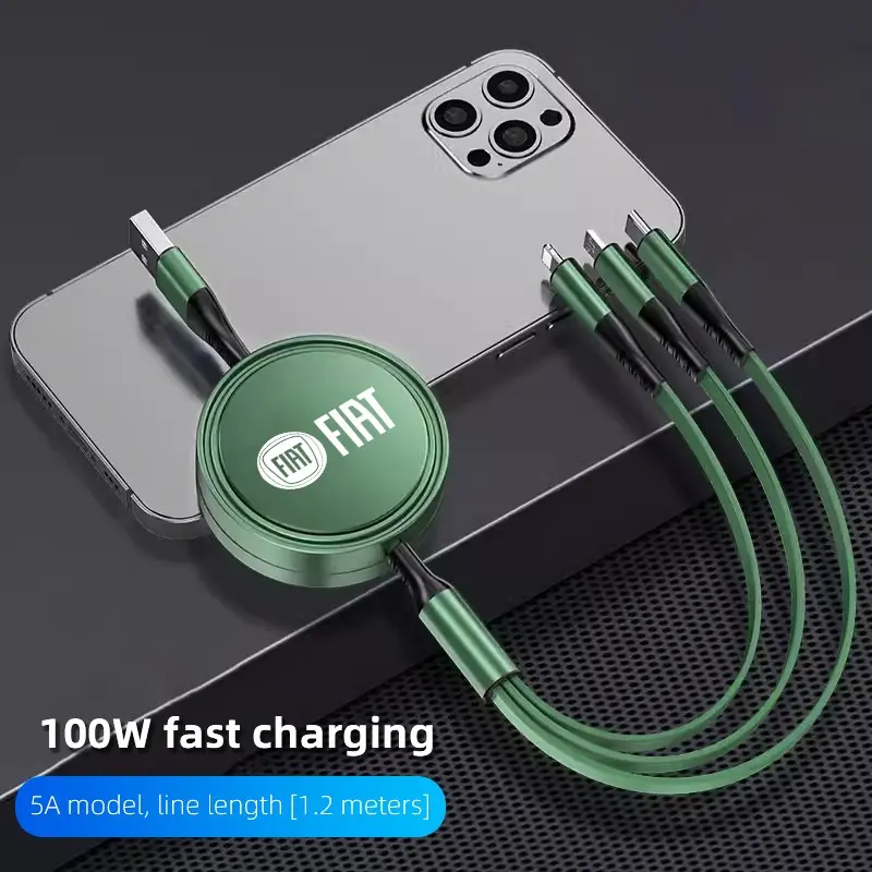 100W super fast charging 3-in-1 telescopic data cable For FIAT Abarth 600 Panda Pulse Tipo Mobi Strada 500 Topolino Fastback Cronos Freemont