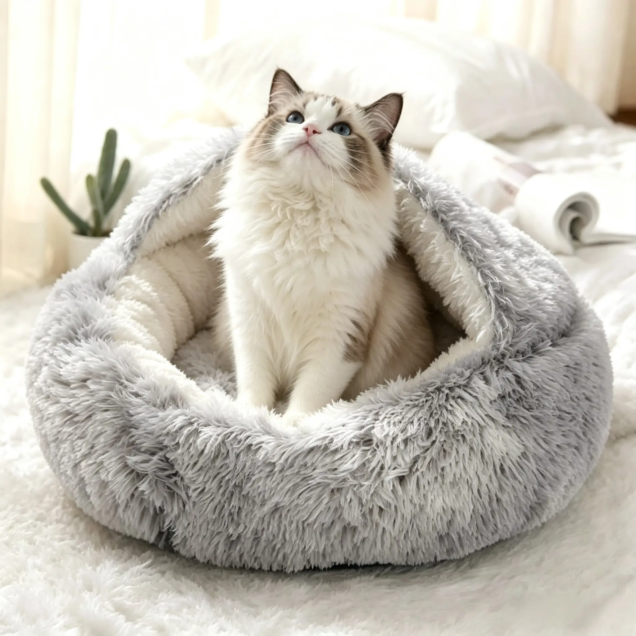 Cat Beds for Indoor Cats,Plush Hooded Cat Cave for Puppy Kitty Small Dog Bed,Removable Washable Non-Slip Bottom Self Warming Round Fluffy Super Soft Calming Sleeping Pet Bed,Kitten Bed(Gray)