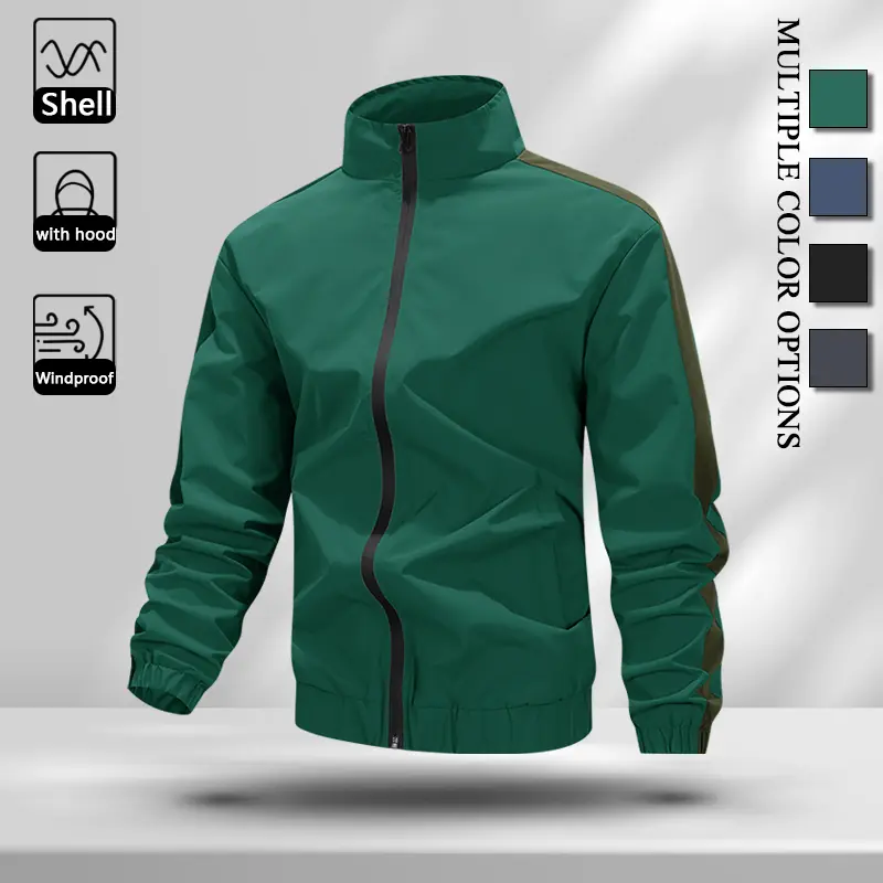 Men Stand Collar Windproof Track Jacket, Side Black Contrast Strip Full Zip Windbreaker, Elastic Rib Cuffs & Hem, Light Smooth Shell Outer Coat for Jogging, Gym Training, Daily Casual Street Outfits, Multiple Color Choices