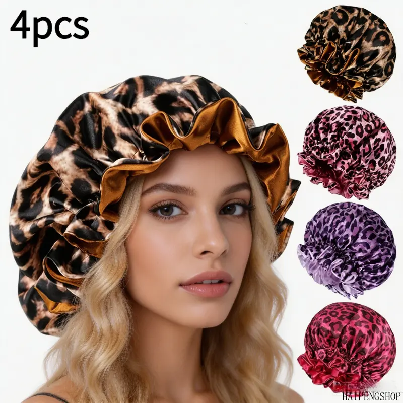 Women's 4-Pack Double Layer Reversible Satin Sleep Bonnet - Pink Leopard Print Extra Size, Bonnets for Sleeping, Curly Hair Nightcap, Soft Stylish Head Cover for Sleeping & Makeup