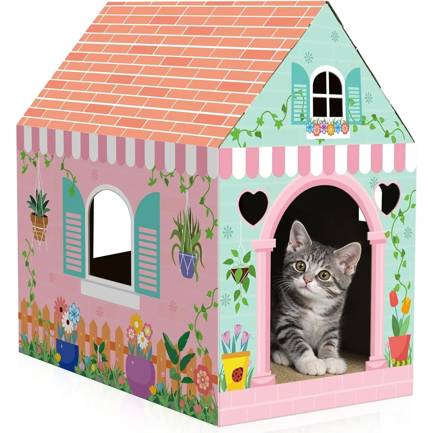 Cardboard Cat House with Scratcher Spring Pet Board Bed Cave Playhouse Hideaway Hideout Condo Decor Small Animals Scratch Box for Indoor Cats Kittens Rabbits Bunny