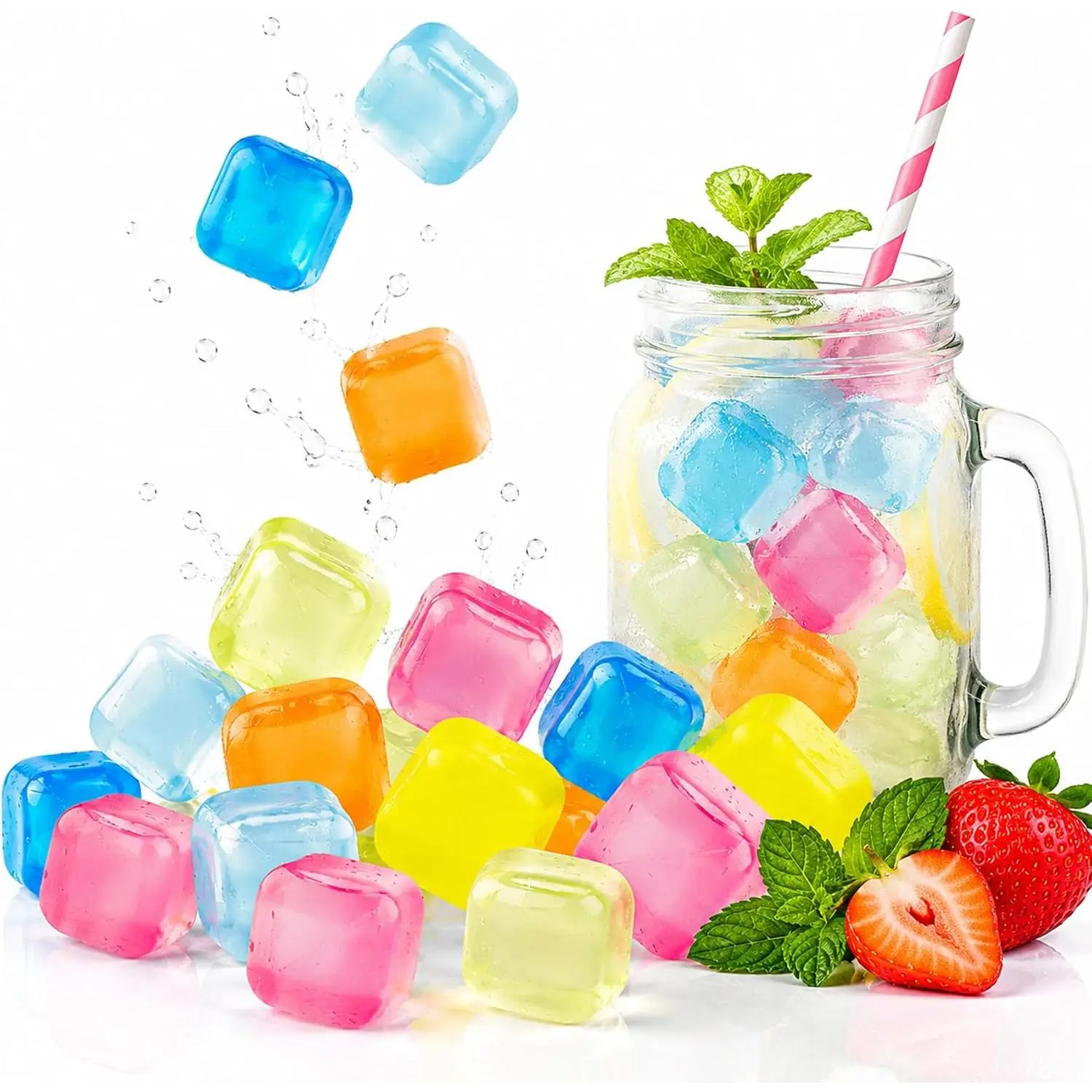 Ice Cubes for Drinks Colorful Square Plastic Ice Cubes 25 Pack Refreezable Ice Cubes Without Diluting Washable Non-Melting Cubed Ice  for Coffee, , , ,