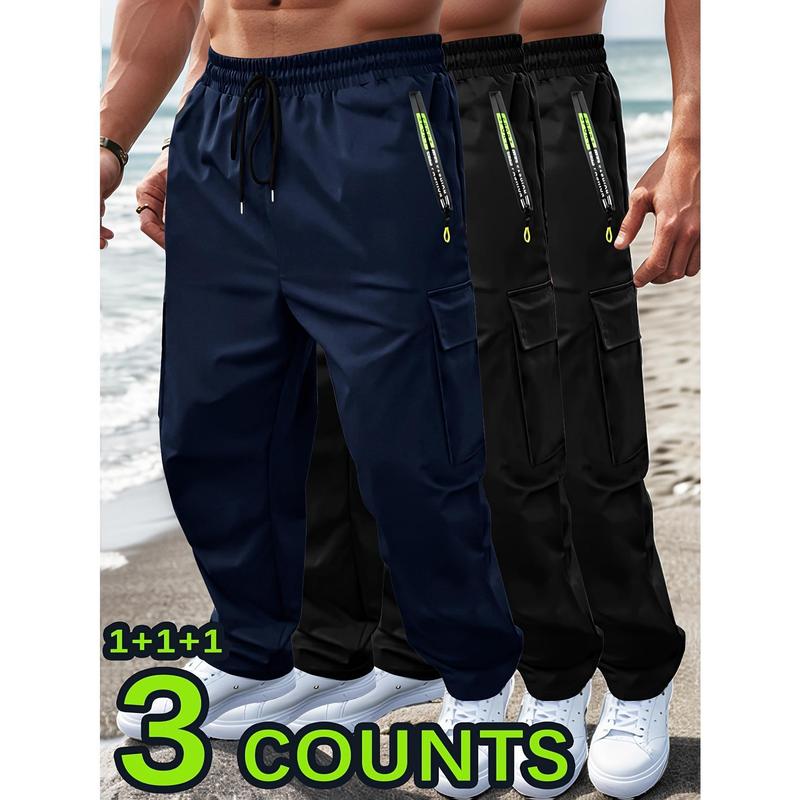 3-Pack Men's Lightweight Cargo Joggers - Breathable Summer Sports Pants with Secure Zip Pockets & Adjustable Drawstring | Moisture-Wicking Quick-Dry Fabric for Running, Training & Casual Wear (Multiple Utility Pockets, Cargo Style)