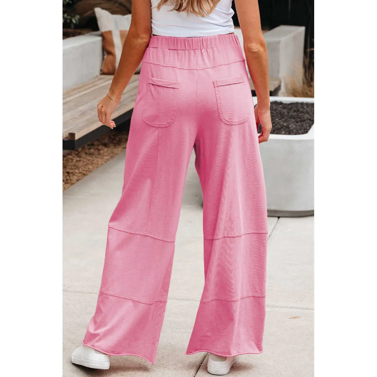 Bonbon Mineral Wash Exposed Seam Drawstring Elastic Waistband Wide Leg Cargo Pants