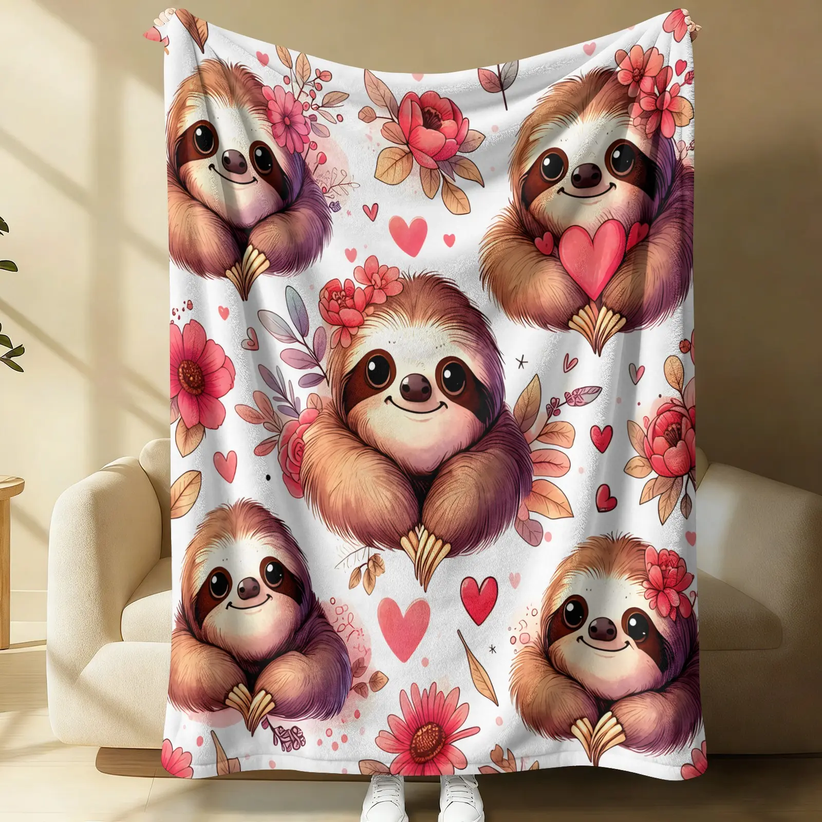 Watercolor Heart Cartoon Sloth Floral Flannel Blanket, Comfortable Warm Soft Portable, Cute Lazy Childlike Style Bed Throw Sofa Decor Cover Kids Nap Mat Car Camping Throw Air-Conditioned Room Shawl
