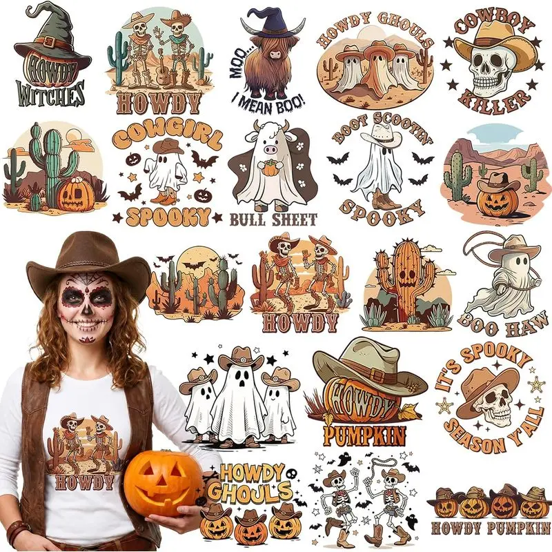 Western Halloween Iron on Transfers - 20 Sheets Howdy Pumpkin DTF Ready to Press Cowgirl Spooky Boo Heat Patches Sticker Vinyl Decal for T Shirts Clothes Pillow DIY Craft Applique Decoration