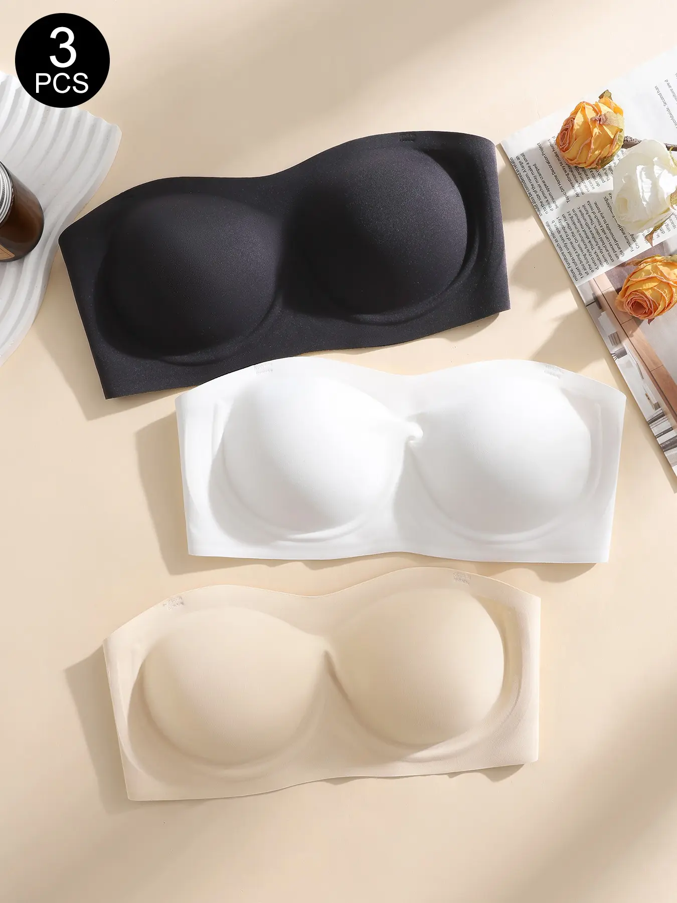 Women’s Jelly Strapless Bandeau Bra, Non-Slip Silicone Grip Tube Top, Padded Wireless Bra for Dresses, Tops, Everyday Wear, 1/2/3 Pack