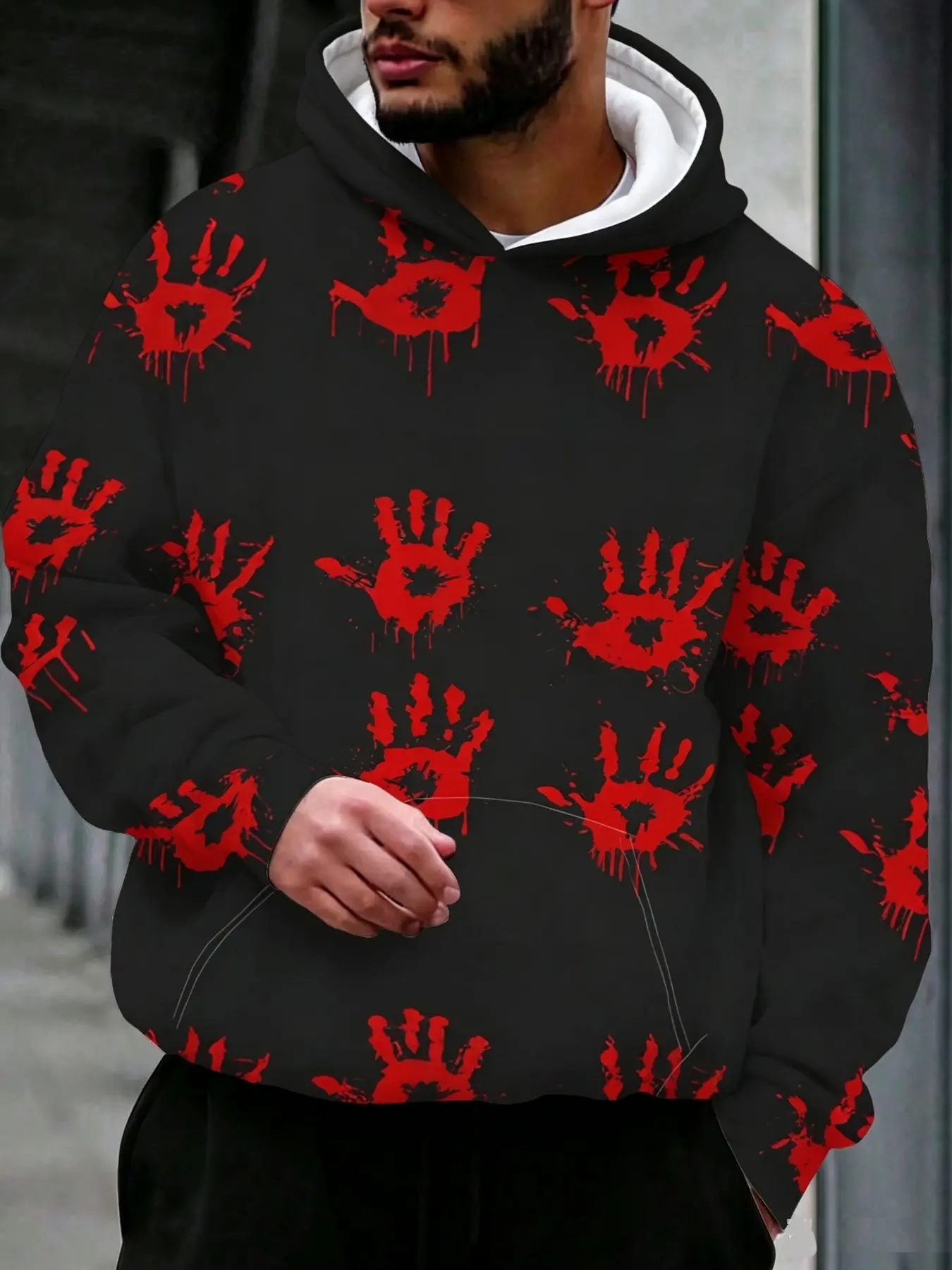 Casual Hooded Sweatshirt, Blood Handprint Pattern, Long Sleeve, Digital Print, Halloween, Fall Winter, Loose Fit, Comfortable Fashion