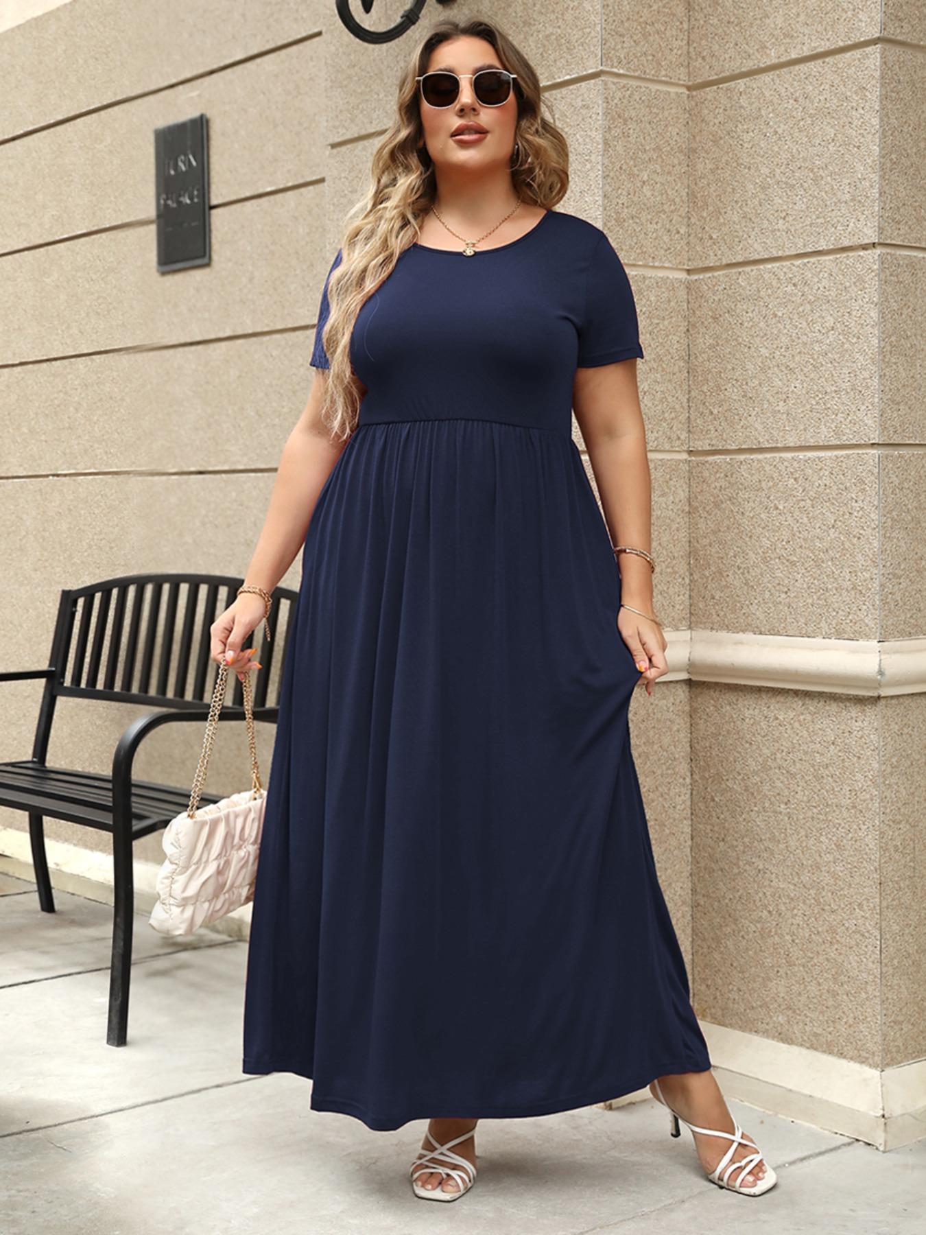 Women's Round Neck Stretchy Casual Long Plus Size Dress, Perfect for Bridesmaids, Vintage Style Wedding & Party Wear, Comfortable Fabric