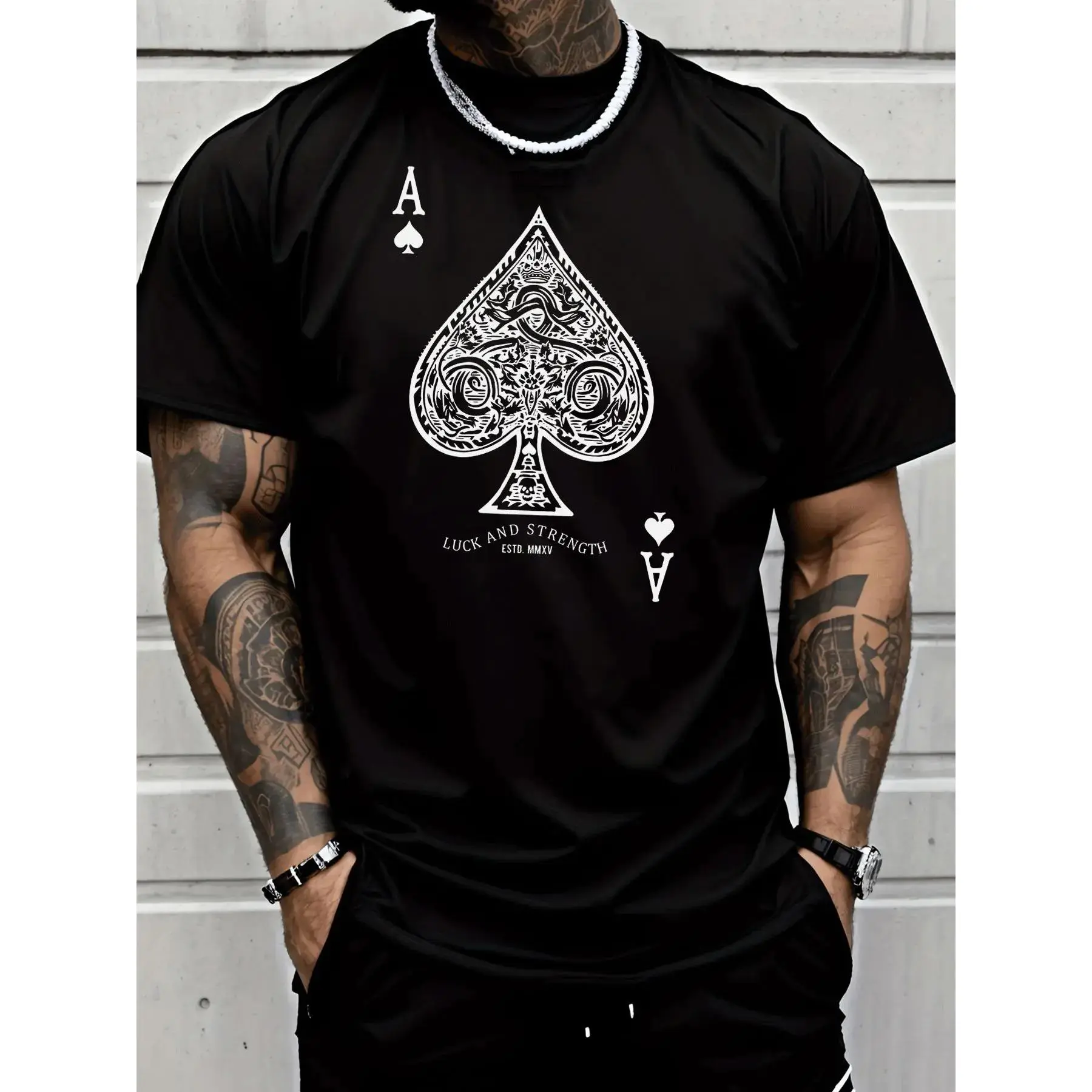 Men's Ace of Spades Spade Lettering T-Shirt - Luck & Strength Symbol, Breathable Short Sleeve Casual Tee for Gym, Poker Nights & Casual Attire - Year-Round able Fit (Regular Cut) for Adult Men & - Iconic Poker Card Design Gift