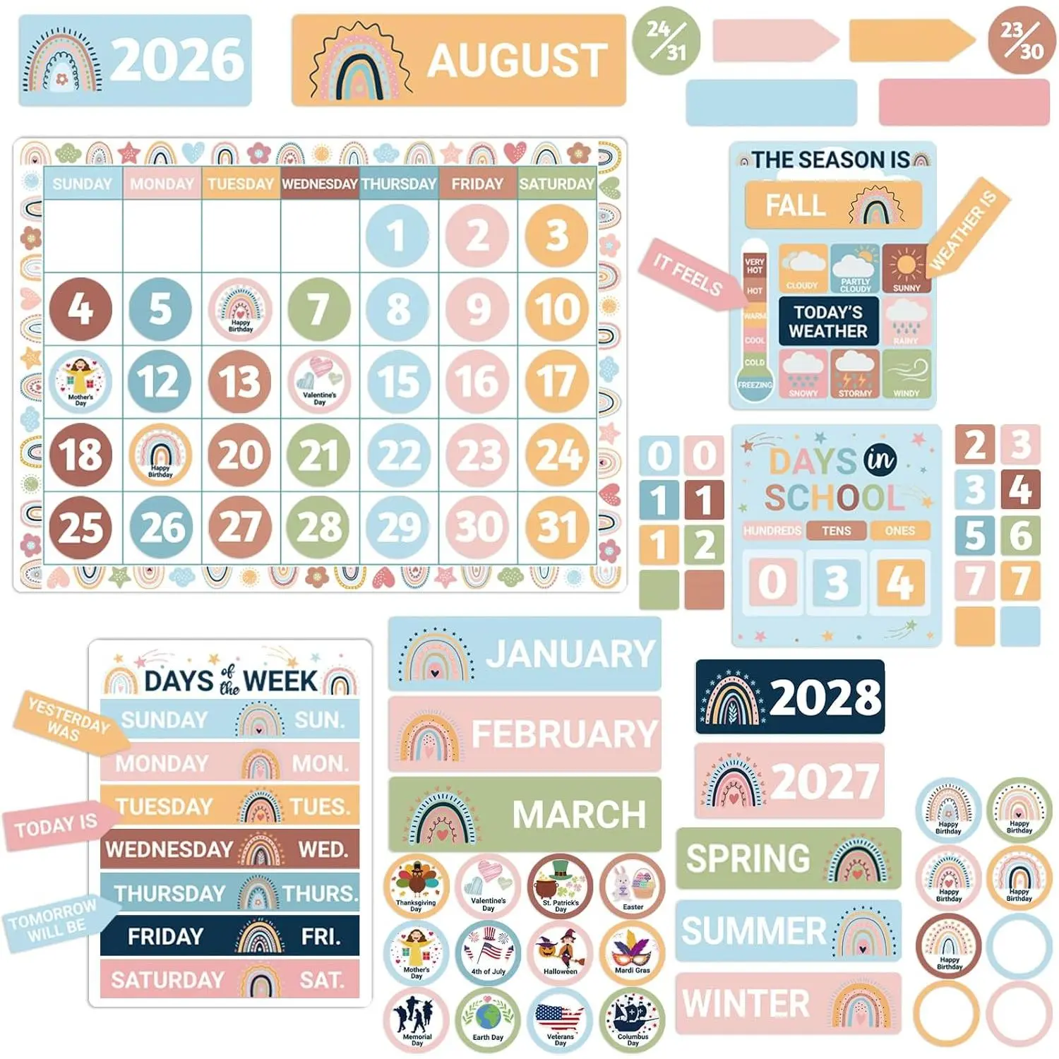 132 count Boho Rainbow Bulletin Boards Calendar for Classroom Wall Décor, with Days of The Week, Days in School, Weather  Chart, Holiday & Birthday Cards,  to School Decoration