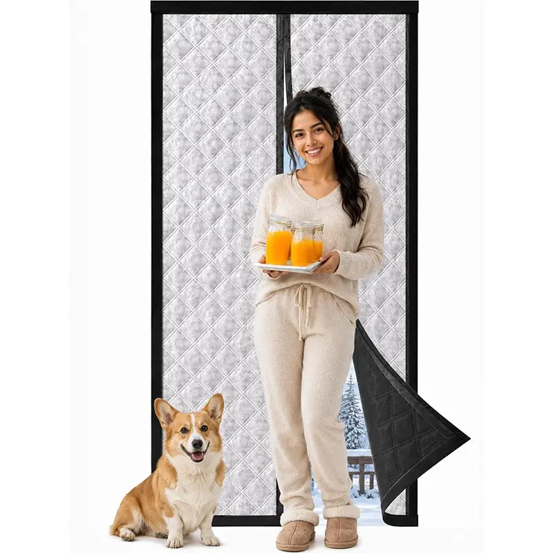 Thickened Silver Quilted Magnetic Thermal Door Curtain, Winter Draft Blocking Insulated Auto-Close Door Cover, No-Drill Installation for Bedroom, Living Room, Patio and Entryway
