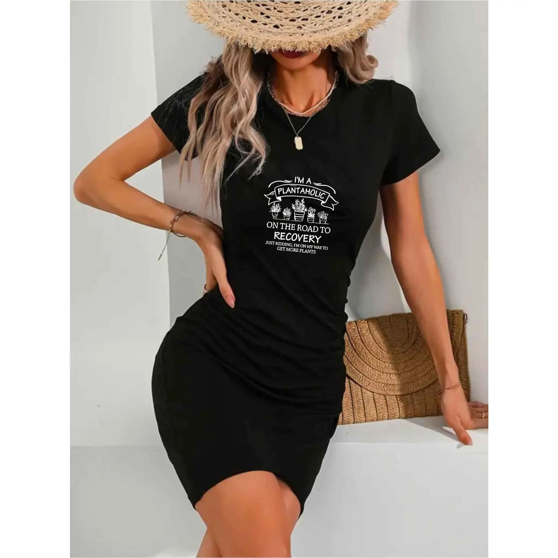 Black Ribbed Bodycon T-Shirt Dress with Inspirational Print, Short Sleeve, Casual Chic, Perfect for Everyday Wear