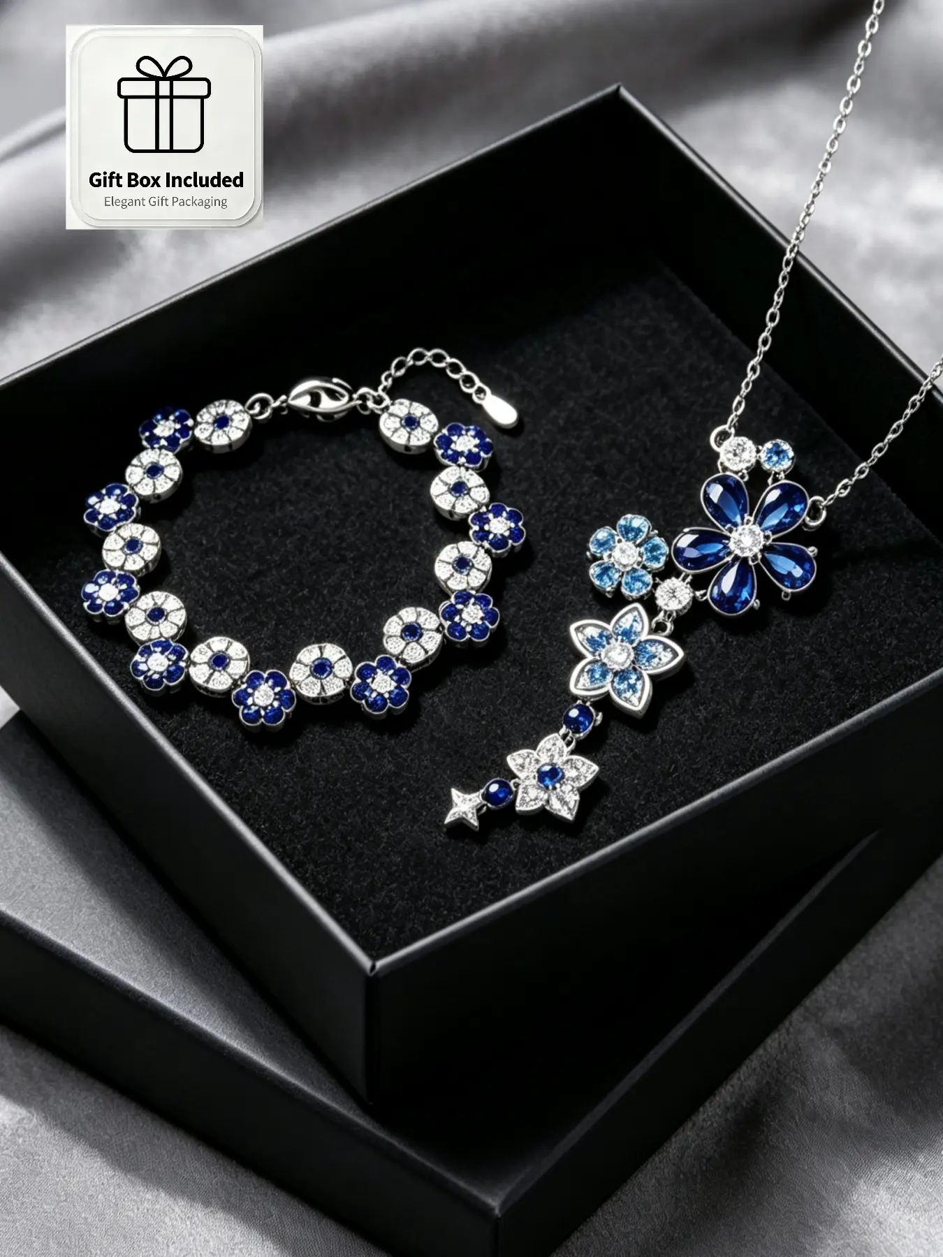 2Pcs Jewelry Set Floral Star Necklace Adjustable Bracelet Vintage Multi Flower Gradient Deep Blue Cubic Zirconia Gift Box For Teen Girls Birthday Graduation Prom Daily Office Fashion Jewelry Sets