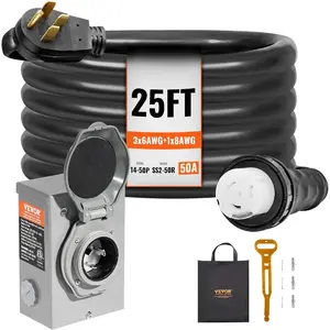VEVOR 50 Amp Generator Cord and Power Inlet Box Kit, 50FT Generator Extension Cord NEMA 14 - 50P/SS2 - 50R STW 6/3+8/1 AWG with Twist Lock Connector, Pre - Drilled Inlet Box, ETL Listed
