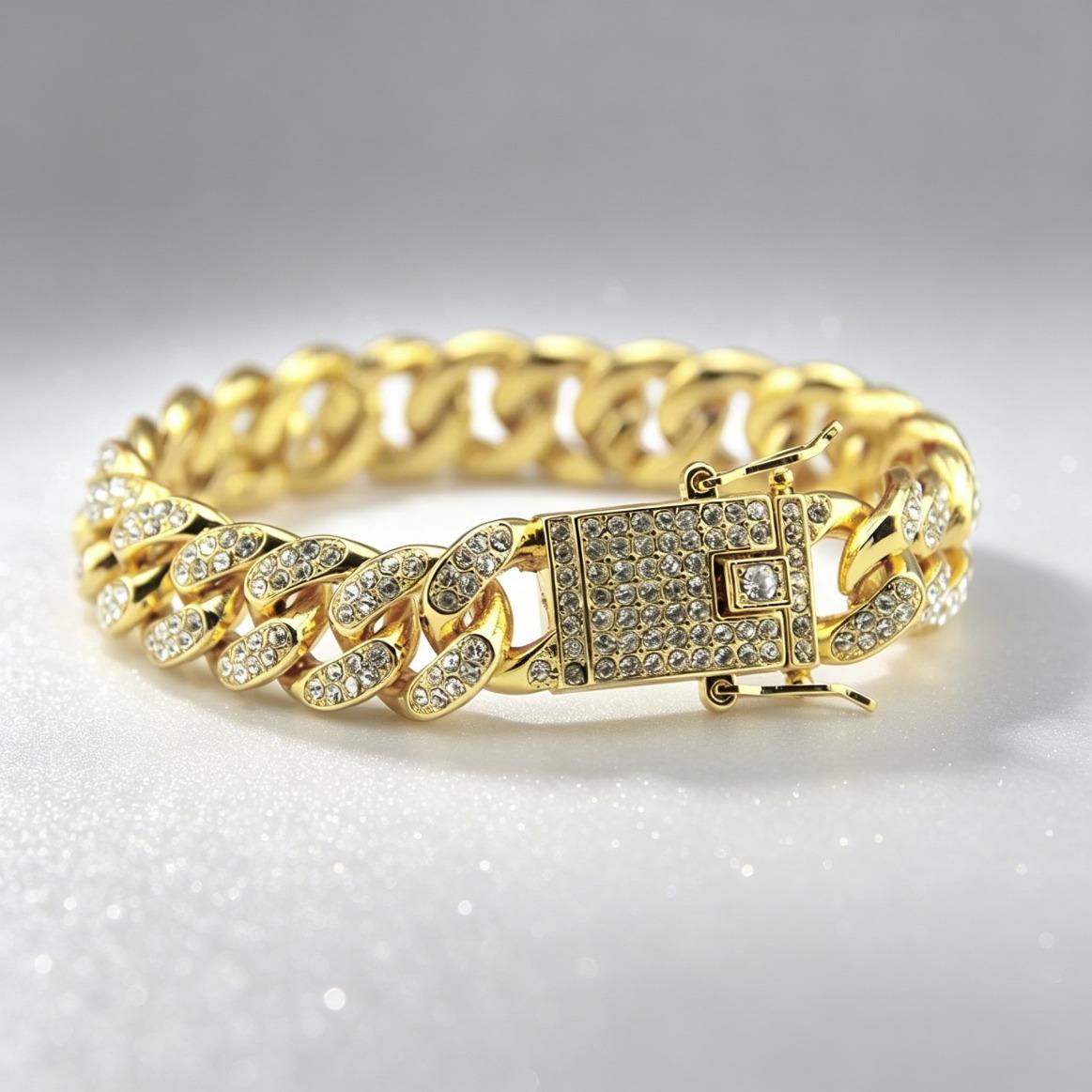 Hip Hop Shiny Moissanite Cuban Link Chain Bracelets for Women Men, Gold Color Punk Wristband Jewelry Gift, Trendy Luxury Style Popular