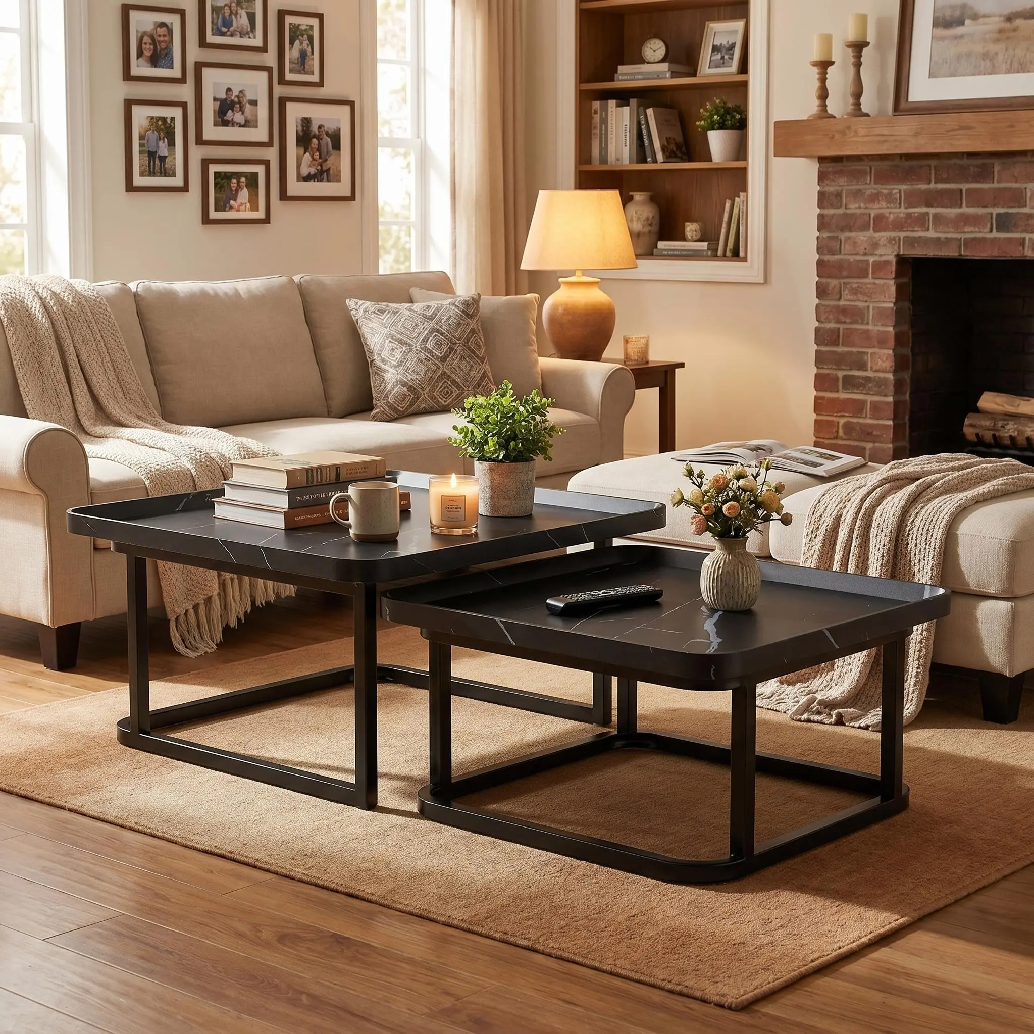 2-Piece Mid-Century Modern Nesting Coffee Tables Set, Square Space-Saving Stackable Side Tables for Living Room, Bedroom (2-Piece Set Highlight for SEO Alignment), Two Piece Set