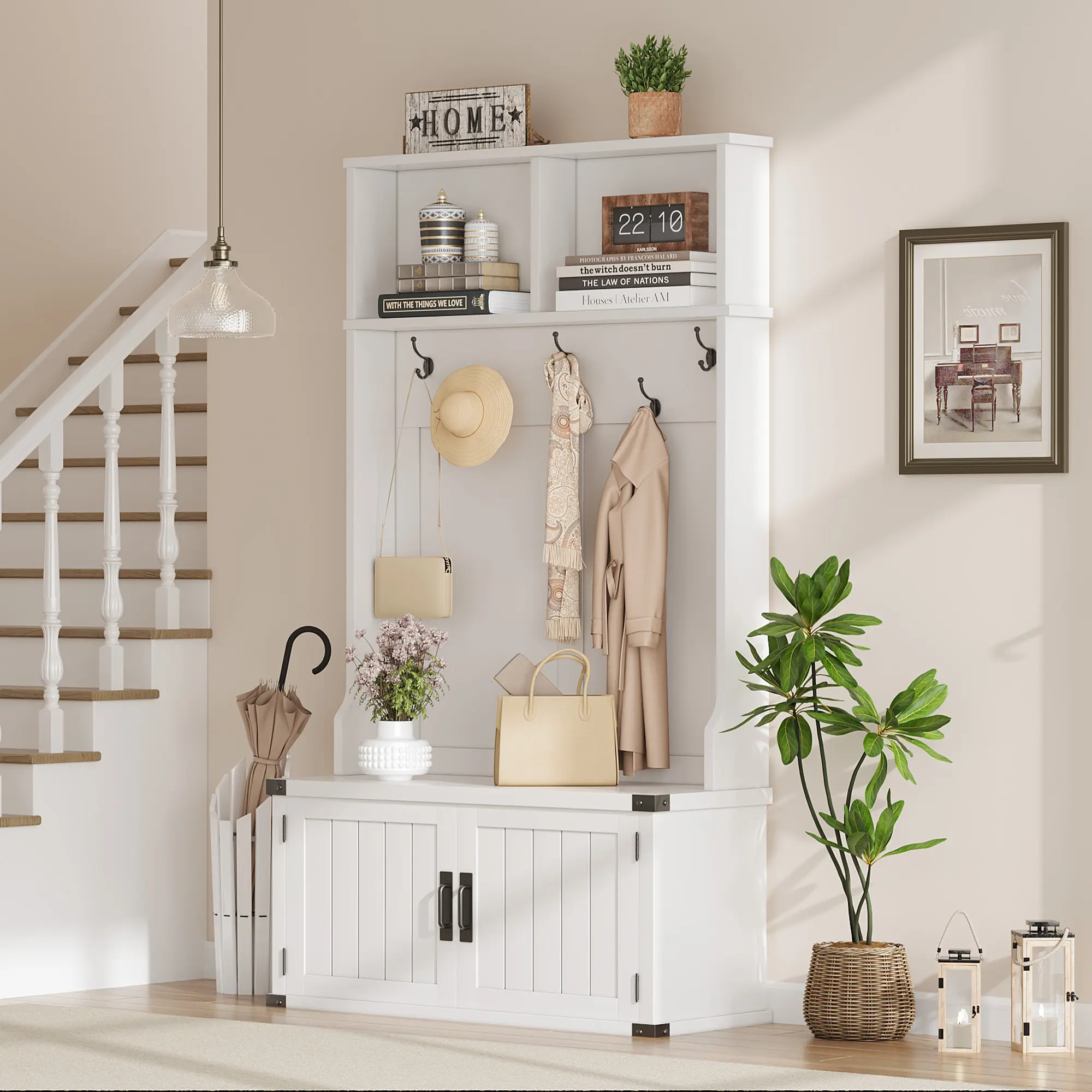 3-in-1 Hall Tree – Bench, Shoe Storage & Coat Rack – 5 Hooks, Adjustable Shelf, Metal Corner Protectors – White Entryway Organizer for Mudroom, Foyer