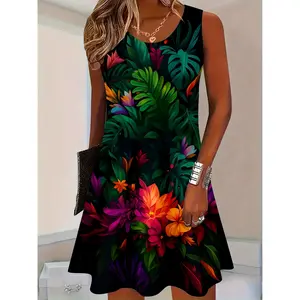 Women's Stretchy Polyester-Spandex Tropical Floral Print Sleeveless Dress, Comfortable Summer Casual Wear That Fits Beach Vacation, Party Outing