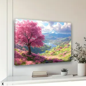 Framed, a cherry blossom canvas wall art print, wooden framed landscape painting, featuring pink cherry blossom trees and mountain scenery, home and office decoration, ideal Christmas gift
