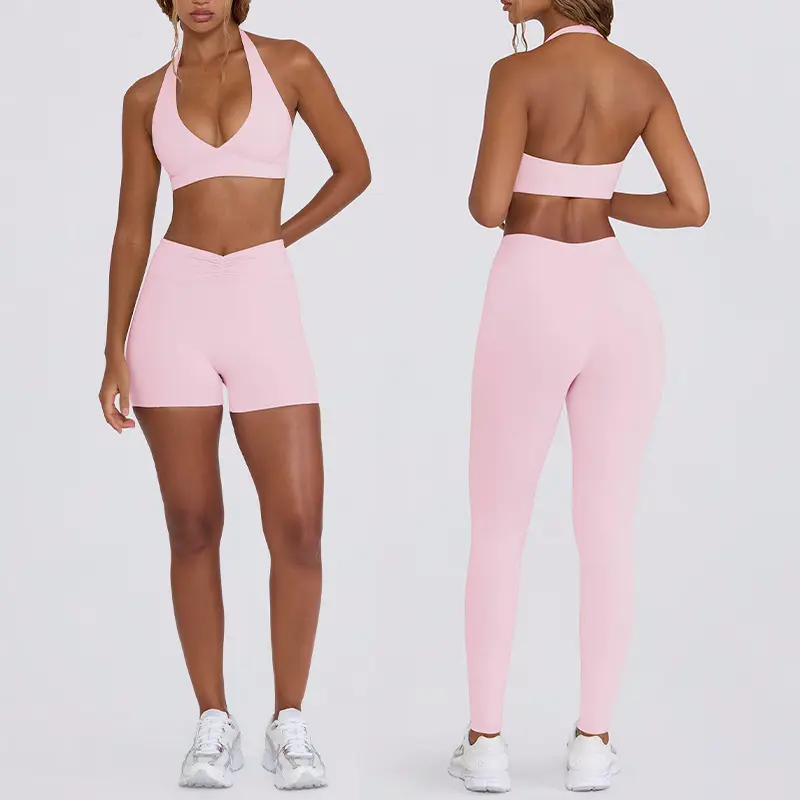 2026 Women Yoga Outfit Set With Built In Chest Pad Halter Sports Bra & Lifting Tummy Control Slim Running Fitness Shorts, High Elastic Breathable Gym Workout Activewear Suit For Daily Training, Available in White Red Yellow Black Royal Blue Rose Red Sizes
