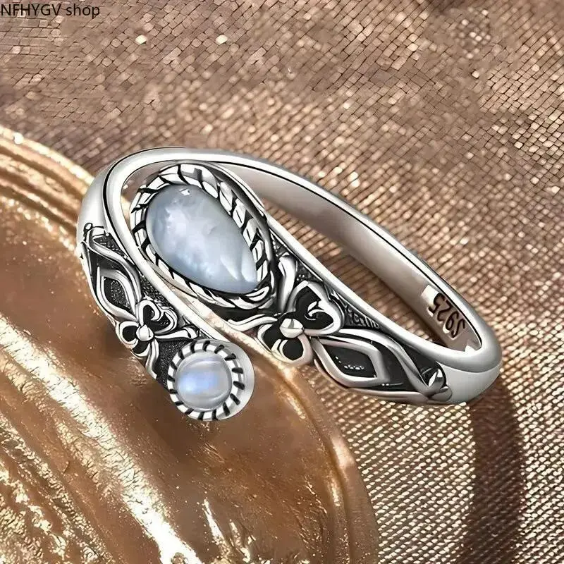 Women's Hypoallergenic Silver-Plated Moonstone Birthstone Ring, Adjustable Layered Bohemian Alloy Fashion Accessory, Delicate Stackable Boho Jewelry Ideal Heartfelt Gift For Birthdays And All Special Occasions